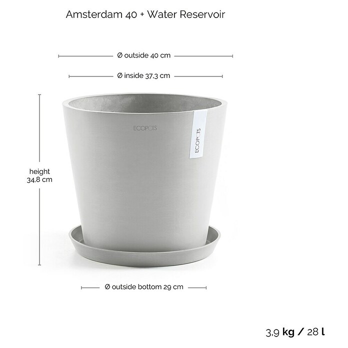 Ecopots Amsterdam Pflanzkübel rund (Außenmaß (Ø x H): 40 x 34,8 cm, Kunststoff, Weißgrau, Mit Bewässerungssystem) | BAUHAUS