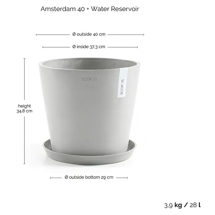 Ecopots Amsterdam Pflanzkübel rund - Außenmaß (Ø x H): 40 x 34,8 cm, Kunststoff, Weißgrau, Mit Bewässerungssystem - Abmessungen des ECopots Amsterdam 40 Pflanzgefäßes mit Wasserreservoir: Höhe 34,8 cm, Durchmesser oben außen 40 cm, Durchmesser unten 29 cm.