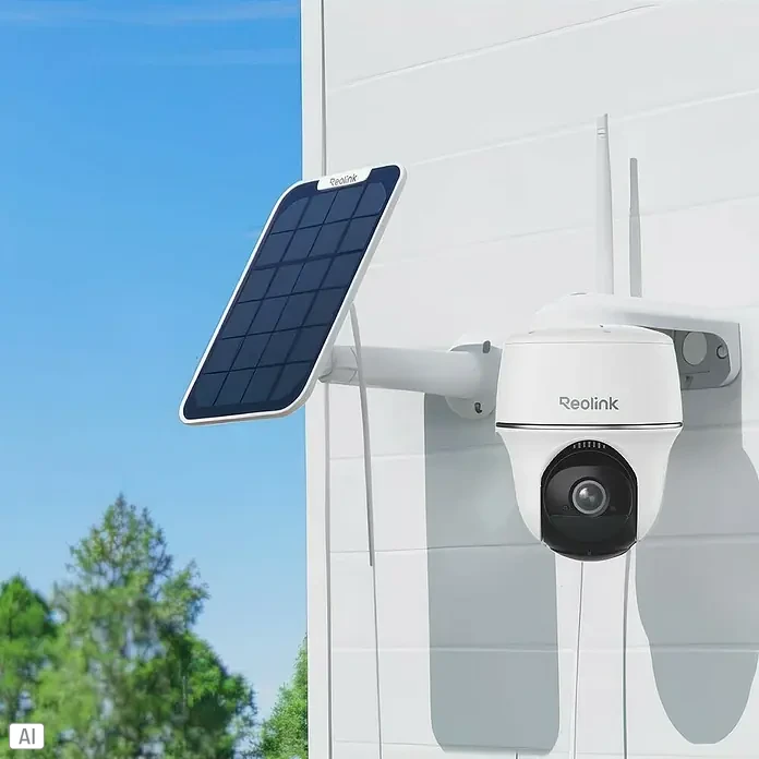 Reolink Überwachungskamera Argus Series B430 inkl. Solarpanel - Weiß - Eine Reolink Überwachungskamera mit Solarpanel an einer weißen Wand vor blauem Himmel und Bäumen.