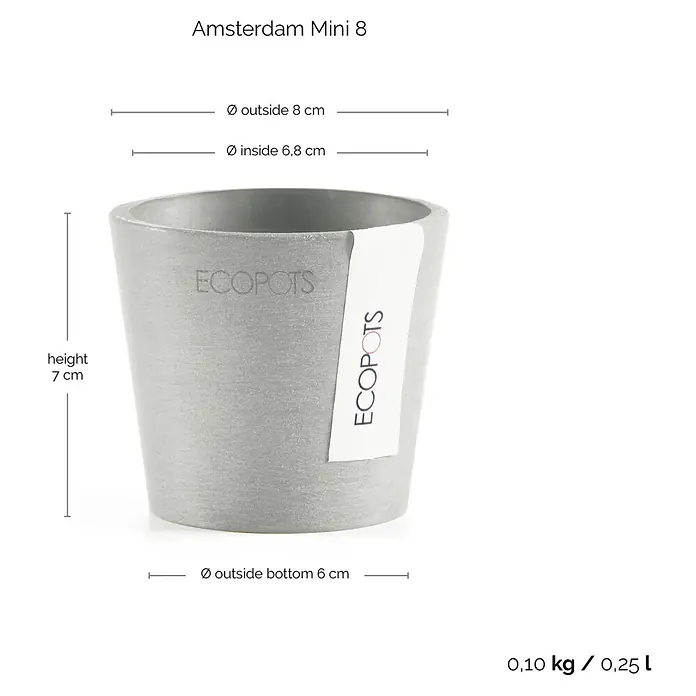 Ecopots Amsterdam Pflanztopf Mini - Außenmaß (Ø x H): 8 x 7 cm, Kunststoff, Weiß, Grau - Nahaufnahme des Pflanzentopfs Amsterdam Mini 8 mit Maßangaben für Höhe und Durchmesser.