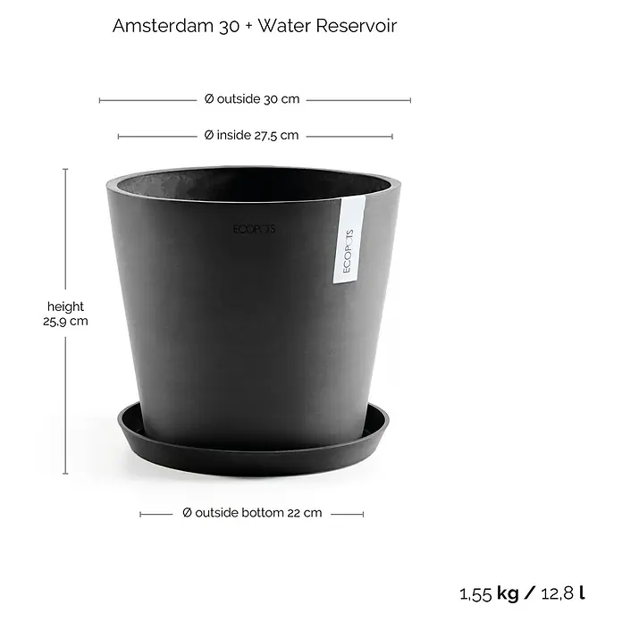 Ecopots Amsterdam Pflanzkübel rund - Außenmaß (Ø x H): 30 x 25,9 cm, Kunststoff, Dunkelgrau, Mit Bewässerungssystem - Abbildung eines schwarzen Amsterdam 30 Pflanzgefäßes mit Wasserreservoir, das seine Abmessungen wie Höhe und Durchmesser zeigt.