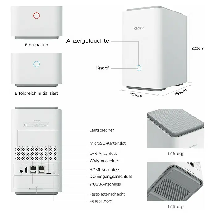 Reolink Steuerzentrale Home Hub P1 2TB Festplatte - Weiß, L x B x H: 13,3 x 18,5 x 22,2 cm - Produktansicht des Reolink-Geräts mit Beschriftungen für Funktionen wie Einschalten, Anzeigeleuchte, Lautsprecher, Anschlüsse und Abmessungen.