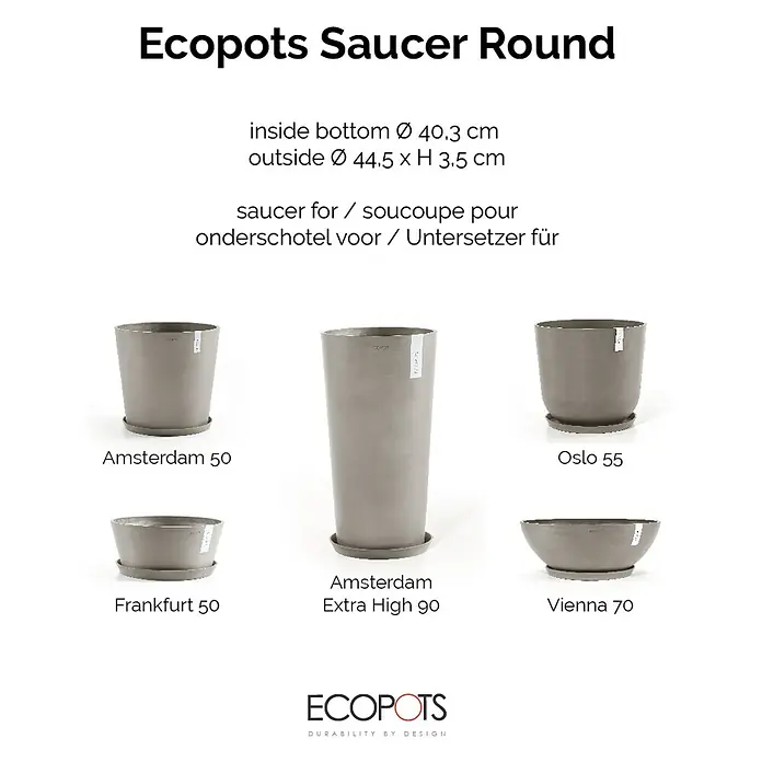 Ecopots Amsterdam Blumentopf-Untersetzer - Außenmaß (Ø x H): 43 x 3,5 cm, Kunststoff, Braungrau - Abbildung der Ecopots Saucer Round Untersetzer in verschiedenen Ausführungen.