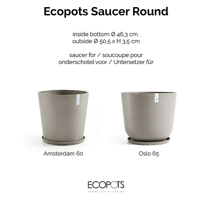 Ecopots Amsterdam Blumentopf-Untersetzer - Außenmaß (Ø x H): 49 x 3,5 cm, Kunststoff, Braungrau - Das Bild zeigt zwei Ecopot-Pflanzgefäße, Amsterdam 60 und Oslo 65, mit passenden Untersetzern. Perfekt für drinnen und draußen!