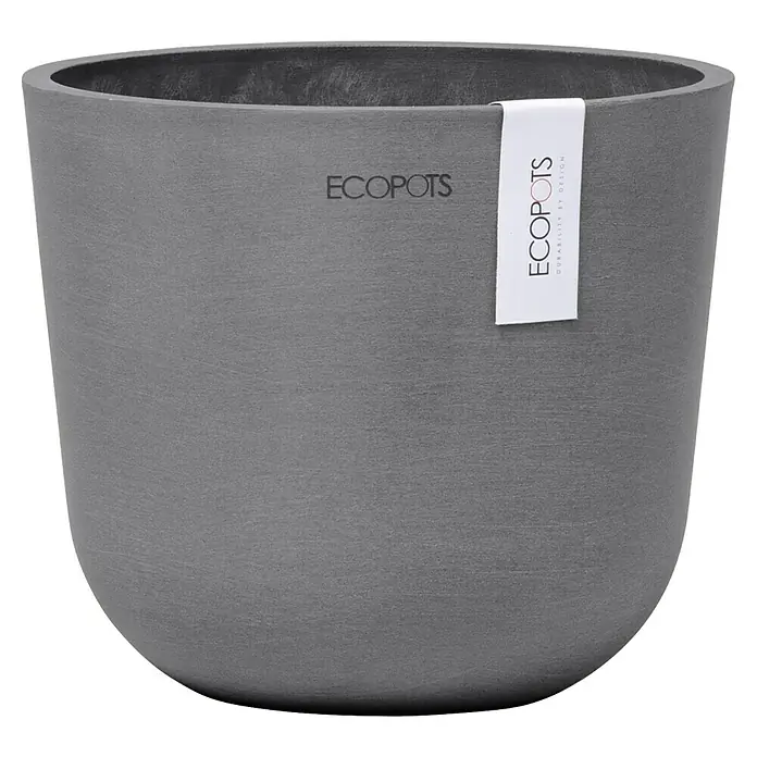 Ecopots Oslo Pflanztopf Mini - Außenmaß (Ø x H): 16 x 13,7 cm, Kunststoff, Grau - Grauer Ecopot-Pflanztopf mit gerundeter Form und Markenetikett, ideal für den Innen- und Außenbereich, robust und stilvoll.