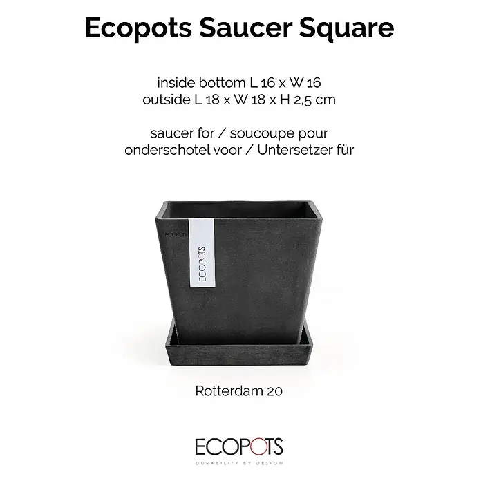 Ecopots Rotterdam Kasten-Untersetzer - 16,5 x 16 x 2,5 cm, Kunststoff, Dunkelgrau - Abbildung eines Ecopots Untersetzers Square, ideal für Ihre Pflanzen.