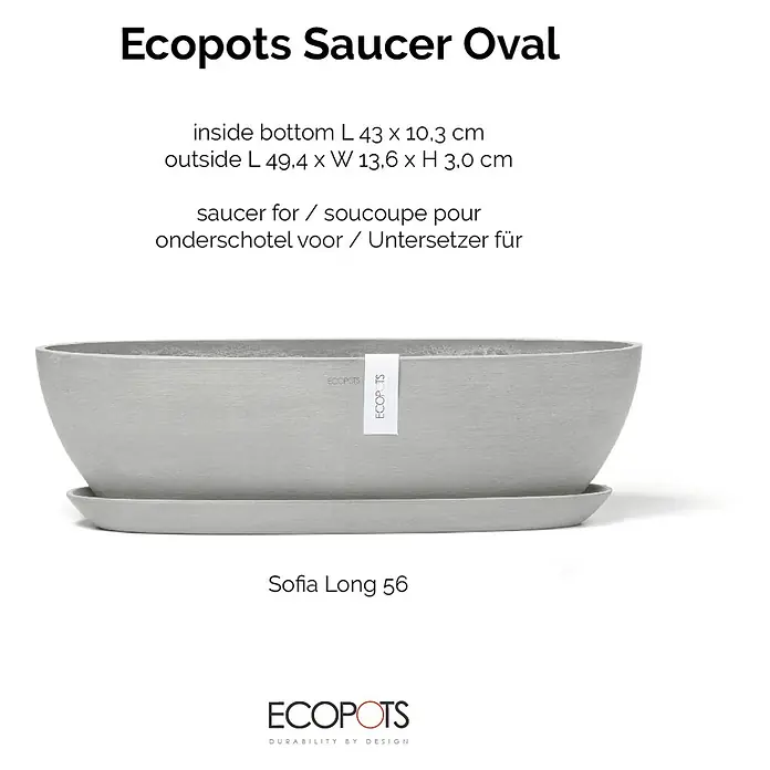 Ecopots Sofia Blumentopf-Untersetzer Lang - Außenmaß (L x B x H): 48,4 x 10,3 x 3 cm, Kunststoff, Weißgrau - Abgebildet ist die Ecopots Saucer Oval, eine stilvolle und funktionale Untertasse für Pflanzgefäße. Sie besticht durch ihr schlichtes, modernes Design.