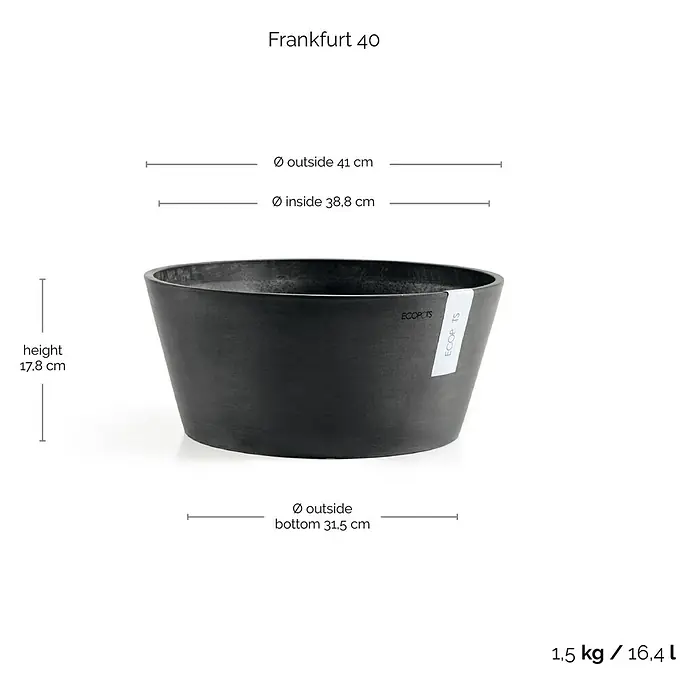 Ecopots Pflanzschale rund Frankfurt - Außenmaß (Ø x H): 41 x 17,8 cm, Kunststoff, Dunkelgrau - Abbildung eines Frankfurt 40 Blumentopfes mit Größenangaben: Höhe 17,8 cm, Außendurchmesser 41 cm, Innendurchmesser 38,8 cm, Bodendurchmesser 31,5 cm.