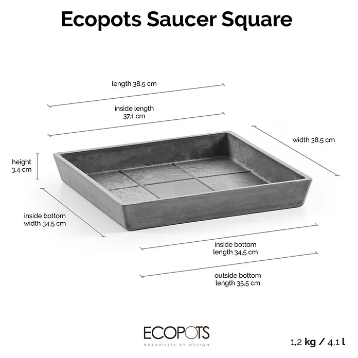 Ecopots Rotterdam Kasten-Untersetzer - 37,1 x 34,5 x 3,4 cm, Kunststoff, Grau - Produktbild einer quadratischen, anthrazitfarbenen Ecopots Unterlegscheibe mit Maßangaben zu Länge, Breite und Höhe.