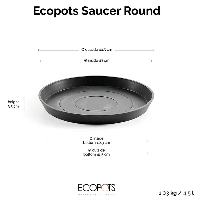 Ecopots Amsterdam Blumentopf-Untersetzer - Außenmaß (Ø x H): 43 x 3,5 cm, Kunststoff, Dunkelgrau - Abbildung eines runden, schwarzen Ecopots Untersetzers mit Größenangaben. Das Produkt ist robust und langlebig im Design.