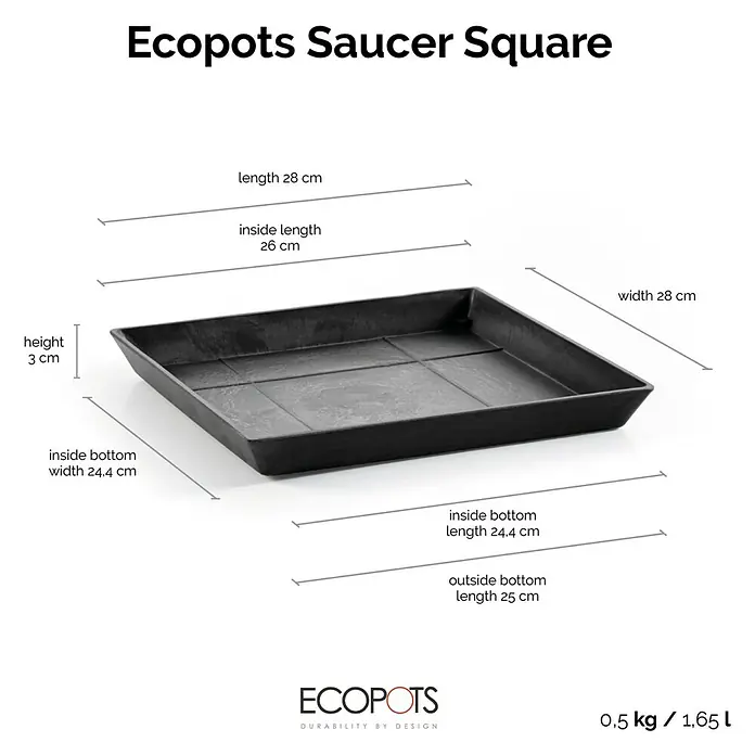 Ecopots Rotterdam Kasten-Untersetzer - 26 x 24,4 x 3 cm, Kunststoff, Dunkelgrau - Schwarze Ecopots Untersetzer Square Pflanzschale mit Größenangaben. Das Produkt ist langlebig und designorientiert, mit einer Höhe von 3 cm und einer Breite von 28 cm.