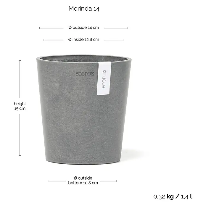 Ecopots Orchideentopf Morinda - Außenmaß (Ø x H): 14 x 16 cm, Kunststoff, Grau - Detailaufnahme eines grauen "Morinda 14" Pflanztopfs von Ecopots mit Größenangaben.