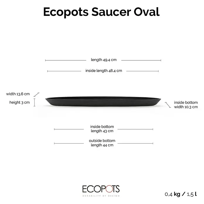 Ecopots Sofia Blumentopf-Untersetzer Lang - Außenmaß (L x B x H): 48,4 x 10,3 x 3 cm, Kunststoff, Dunkelgrau - Abbildung der ovalen Untertasse von Ecopots, die sich durch ihr minimalistisches Design und ihre praktischen Abmessungen auszeichnet.