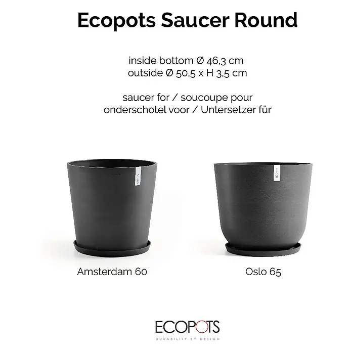 Ecopots Amsterdam Blumentopf-Untersetzer - Außenmaß (Ø x H): 49 x 3,5 cm, Kunststoff, Dunkelgrau - Das Bild zeigt zwei Ecopots Untersetzer Round, die für Amsterdam 60 und Oslo 65 Modelle geeignet sind.