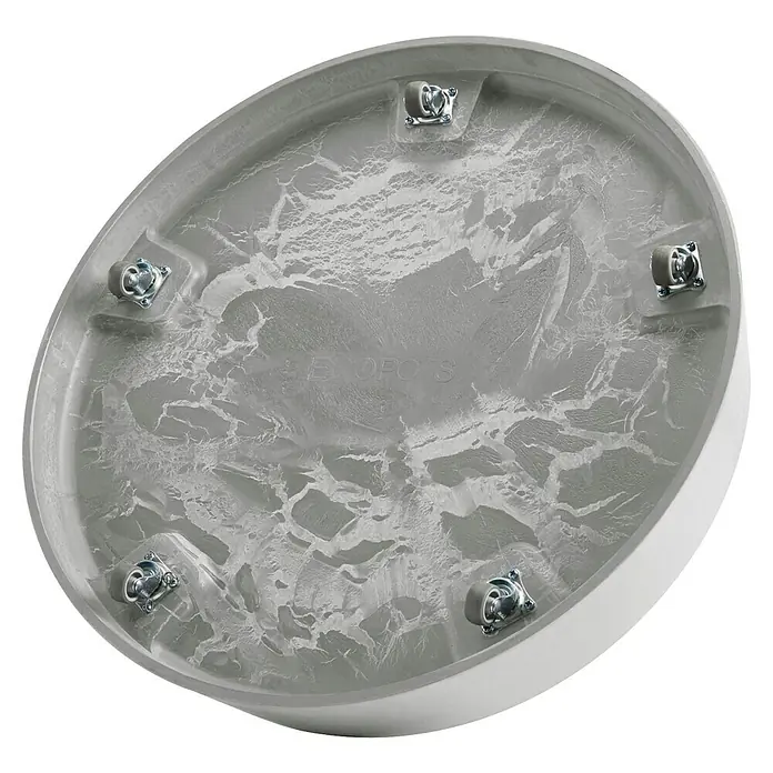 Ecopots Oslo Blumentopf-Untersetzer mit Rollen - Außenmaß (Ø x H): 50 x 10,5 cm, Kunststoff, Weißgrau - Detailansicht der Unterseite eines runden Pflanzgefäßes mit Rollen, ideal für den Innen- und Außenbereich. Praktisch und stilvoll.