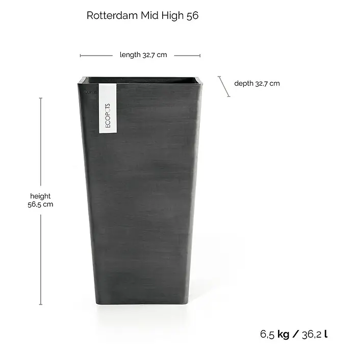 Ecopots Rotterdam Pflanzsäule eckig - Außenmaß (L x B x H): 30,5 x 30,5 x 50,5 cm, Kunststoff, Dunkelgrau - Abbildung eines "Rotterdam Mid High 56" Pflanzgefäßes von Ecopots, das 56,5 cm hoch, 32,7 cm tief und 32,7 cm lang ist und 6,5 kg wiegt.
