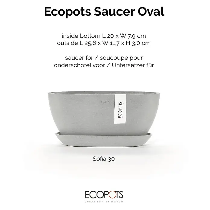 Ecopots Sofia Blumentopf-Untersetzer Oval - Außenmaß (L x B x H): 24,9 x 7,9 x 3 cm, Kunststoff, Weißgrau - Ecopots Untersetzer Oval: Ein stilvoller, ovaler Untersetzer für Pflanzengefäße, ideal für den Innen- und Außenbereich. Robust und langlebig.