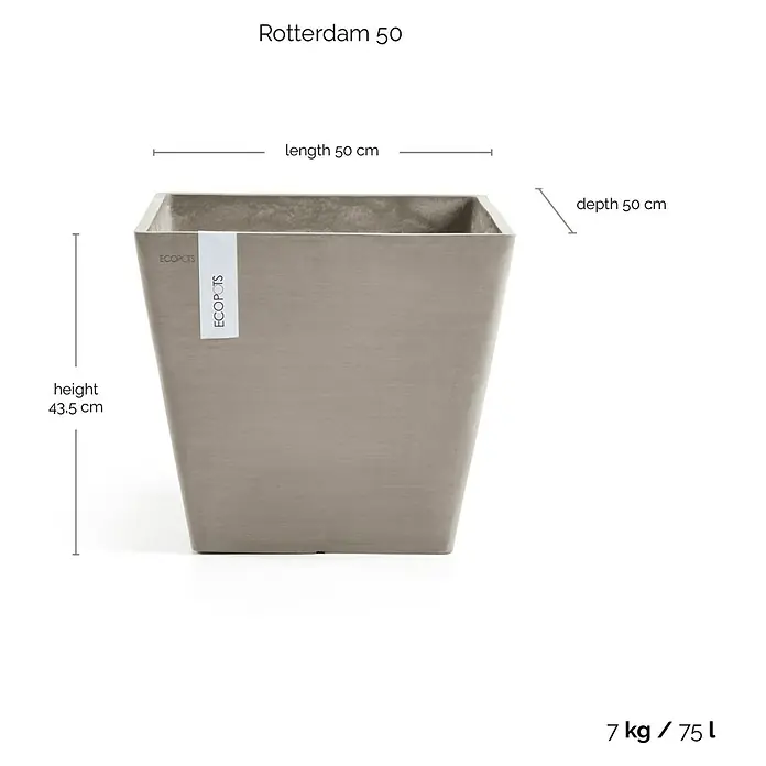 Ecopots Rotterdam Pflanzkasten - Außenmaß (L x B x H): 50 x 50 x 43,5 cm, Kunststoff, Braungrau - Abbildung eines viereckigen Rotterdam 50 Blumentopfes in Beige mit den Maßen Länge 50 cm, Tiefe 50 cm und Höhe 43,5 cm.