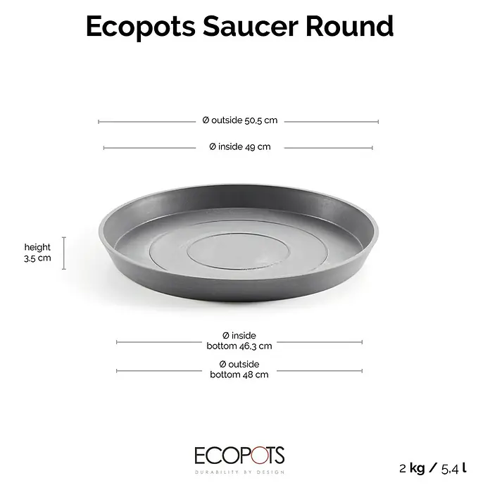Ecopots Amsterdam Blumentopf-Untersetzer - Außenmaß (Ø x H): 49 x 3,5 cm, Kunststoff, Grau - Das Bild zeigt einen grauen, runden Untersetzer von Ecopots mit Maßangaben, der für den Innen- und Außenbereich geeignet ist.