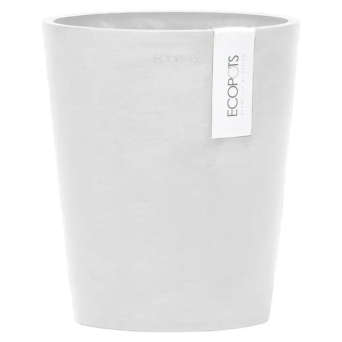 Ecopots Orchideentopf Morinda - Außenmaß (Ø x H): 17,1 x 19,5 cm, Kunststoff, Weiß - Ein weißer EcoPots-Blumentopf, ideal für Innen- und Außenbereiche, mit einem minimalistischen Design und einem dezenten Markenetikett.
