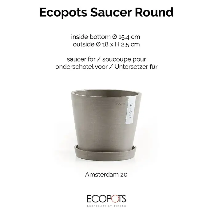 Ecopots Amsterdam Blumentopf-Untersetzer - Außenmaß (Ø x H): 16,5 x 2,5 cm, Kunststoff, Braungrau - Ecopots Saucer Round: Untersetzer für Blumentöpfe mit den Maßen 18 x 2,5 cm (Außen) und 15,4 cm (Innen).
