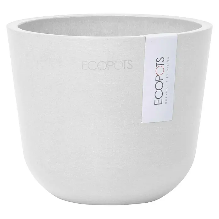 Ecopots Oslo Pflanztopf Mini - Außenmaß (Ø x H): 11,4 x 9,5 cm, Kunststoff, Weiß - Ein cremefarbener Ecopot-Blumentopf mit einer schlanken, abgerundeten Form und einem subtilen, eingeprägten Markenlogo für den Innenbereich.