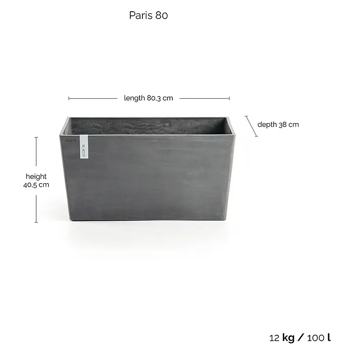 Ecopots Pflanzkasten Paris - Außenmaß (L x B x H): 80,3 x 38 x 40,5 cm, Kunststoff, Grau - Das Bild zeigt den „Paris 80“-Pflanzkasten in Grau mit den Maßen 80,3 cm Länge, 38 cm Tiefe und 40,5 cm Höhe, Gewicht 12 kg/100 Liter.