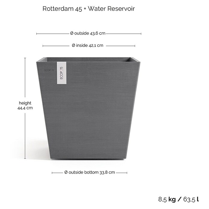 Ecopots Rotterdam Pflanzkasten mit Wasserspeicher (Außenmaß (L x B x H): 43,6 x 43,6 x 42,5 cm, Kunststoff, Grau) | BAUHAUS
