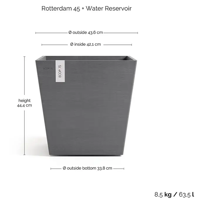 Ecopots Rotterdam Pflanzkasten mit Wasserspeicher - Außenmaß (L x B x H): 43,6 x 43,6 x 42,5 cm, Kunststoff, Grau - Bild eines grauen Rotterdam 45 Pflanzgefäßes mit Wasserreservoir und Maßangaben.