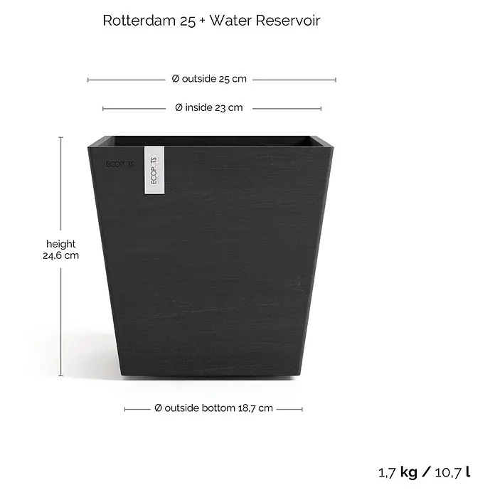 Ecopots Rotterdam Pflanzkasten mit Wasserspeicher - Außenmaß (L x B x H): 25 x 25 x 24,6 cm, Kunststoff, Dunkelgrau - Bild eines quadratischen, anthrazitfarbenen Rotterdam 25 Pflanzgefäßes mit Wasserreservoir und Maßangaben.
