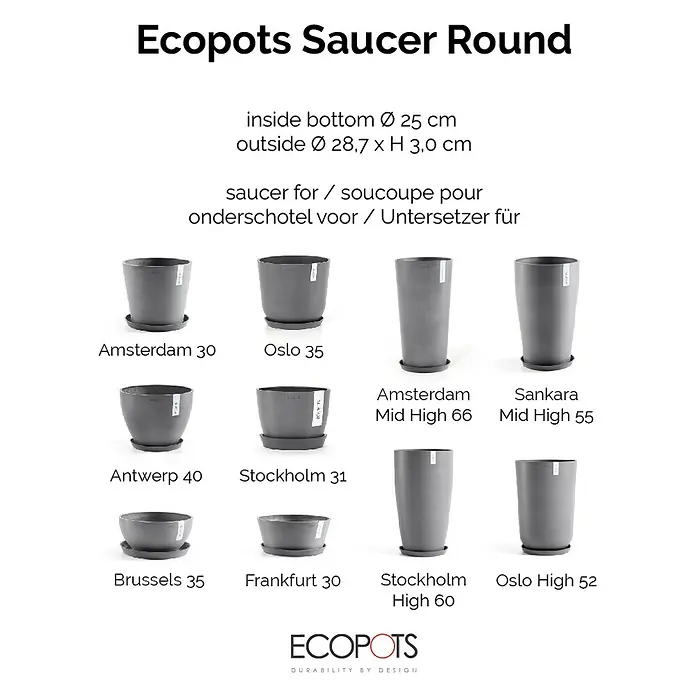 Ecopots Amsterdam Blumentopf-Untersetzer - Außenmaß (Ø x H): 27,8 x 3 cm, Kunststoff, Grau - Produktbild: Runde Ecopots Untertassen in verschiedenen Größen, ideal für den Innen- und Außenbereich, robust und stilvoll.