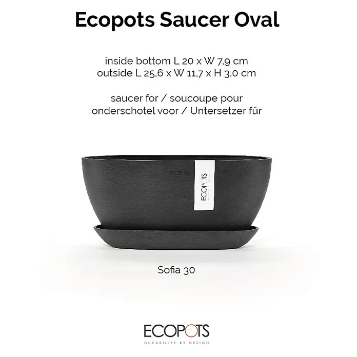Ecopots Sofia Blumentopf-Untersetzer Oval - Außenmaß (L x B x H): 24,9 x 7,9 x 3 cm, Kunststoff, Dunkelgrau - Abgebildet ist eine ovale Ecopots Untertasse in Sofia 30 Ausführung, ideal für den Innen- und Außenbereich.