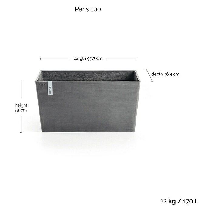 Ecopots Pflanzkasten Paris (Außenmaß (L x B x H): 99,7 x 46,4 x 51 cm, Kunststoff, Grau) | BAUHAUS