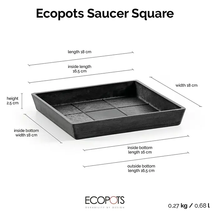 Ecopots Rotterdam Kasten-Untersetzer - 16,5 x 16 x 2,5 cm, Kunststoff, Dunkelgrau - Produktbild einer schwarzen Ecopots Untersetzer Square, Maße sind Länge 18cm, Innenlänge 16,5cm, Höhe 2,5cm, Gewicht 0,27kg.
