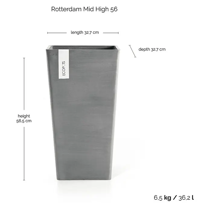 Ecopots Rotterdam Pflanzsäule eckig - Außenmaß (L x B x H): 30,5 x 30,5 x 50,5 cm, Kunststoff, Grau - Bild einer grauen, hohen Pflanzsäule "Rotterdam Mid High 56" mit Größenangaben zu Höhe, Länge und Gewicht.