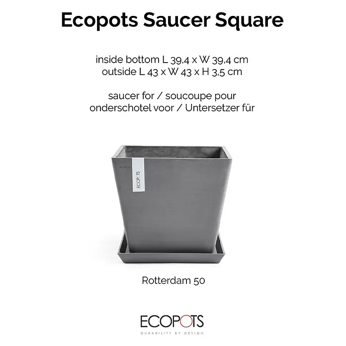 Ecopots Rotterdam Kasten-Untersetzer - 42 x 39,4 x 3,5 cm, Kunststoff, Grau - Quadratische Ecopots Untertasse, ideal für den Innen- und Außenbereich. Robustes Design, passend für Rotterdam 50 Pflanzgefäße.