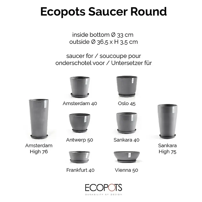 Ecopots Amsterdam Blumentopf-Untersetzer - Außenmaß (Ø x H): 35,3 x 3,5 cm, Kunststoff, Grau - Produktbild von Ecopots Untersetzer Round in verschiedenen Größen und Ausführungen.