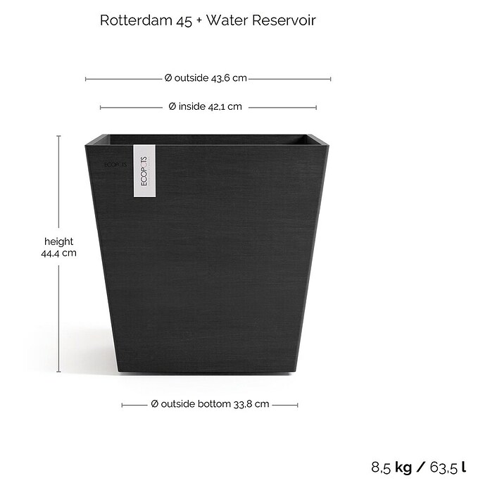 Ecopots Rotterdam Pflanzkasten mit Wasserspeicher (Außenmaß (L x B x H): 43,6 x 43,6 x 42,5 cm, Kunststoff, Dunkelgrau) | BAUHAUS