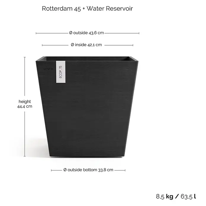 Ecopots Rotterdam Pflanzkasten mit Wasserspeicher - Außenmaß (L x B x H): 43,6 x 43,6 x 42,5 cm, Kunststoff, Dunkelgrau - Abbildung des schwarzen Rotterdam 45 Pflanzkübels mit Wasserreservoir, der die Abmessungen und das Gewicht des Produkts zeigt.