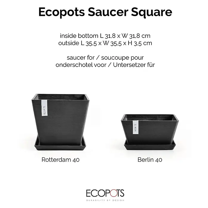 Ecopots Rotterdam Kasten-Untersetzer - 34,2 x 31,8 x 3,5 cm, Kunststoff, Dunkelgrau - Schwarze "Ecopots Saucer Square"-Pflanzgefäße "Rotterdam 40" und "Berlin 40" mit Abmessungen und Produktbeschreibung.