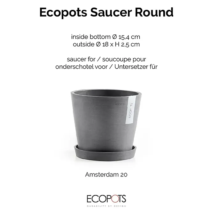 Ecopots Amsterdam Blumentopf-Untersetzer - Außenmaß (Ø x H): 16,5 x 2,5 cm, Kunststoff, Grau - Das Bild zeigt einen grauen Ecopots Untersetzer Round Amsterdam 20, der sich ideal für den Einsatz im Innen- und Außenbereich eignet.