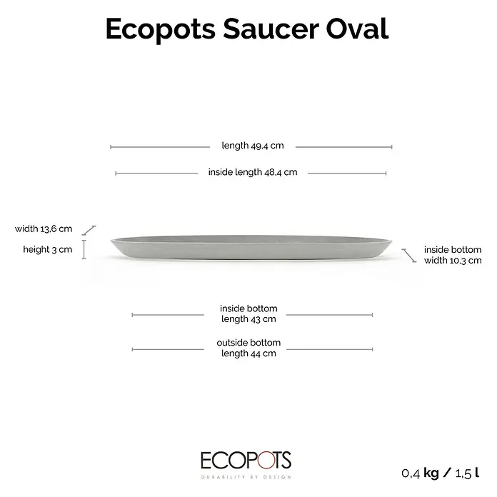 Ecopots Sofia Blumentopf-Untersetzer Lang - Außenmaß (L x B x H): 48,4 x 10,3 x 3 cm, Kunststoff, Weißgrau - Abbildung eines grauen Ecopots Untersetzers Oval mit Größenangaben zu Länge, Breite und Höhe.