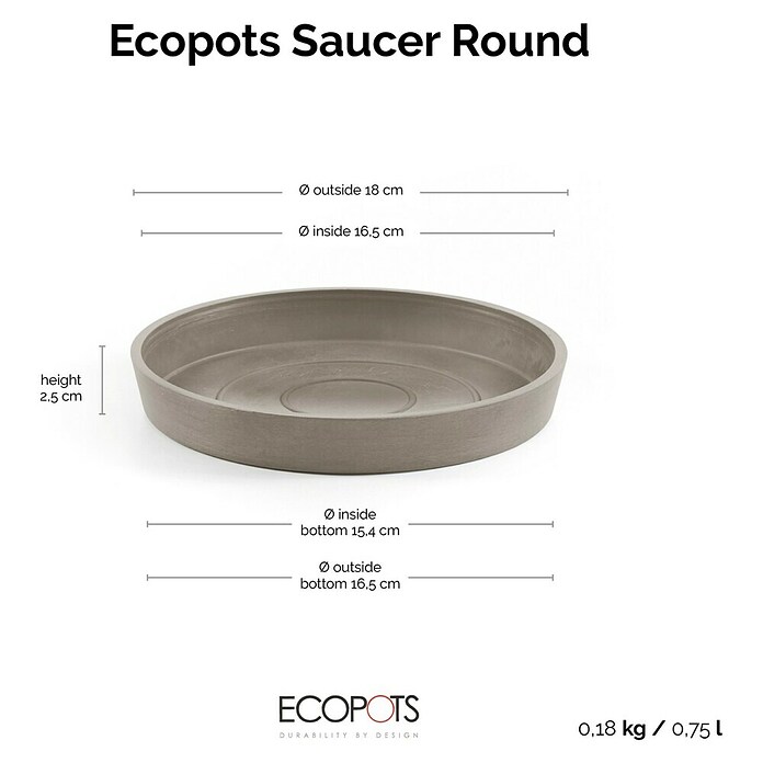 Ecopots Amsterdam Blumentopf-Untersetzer (Außenmaß (Ø x H): 16,5 x 2,5 cm, Kunststoff, Braungrau) | BAUHAUS