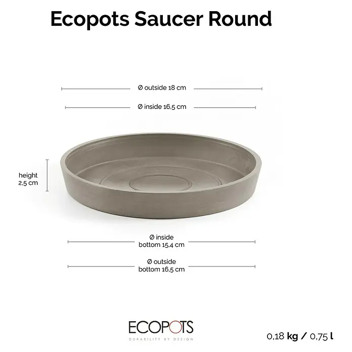 Ecopots Amsterdam Blumentopf-Untersetzer - Außenmaß (Ø x H): 16,5 x 2,5 cm, Kunststoff, Braungrau - Abbildung eines runden Untersetzers von Ecopots. Er ist grau und hat einen Durchmesser von 18 cm außen und 16,5 cm innen.