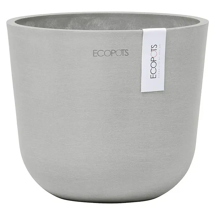 Ecopots Oslo Pflanztopf Mini - Außenmaß (Ø x H): 16 x 13,7 cm, Kunststoff, Weißgrau - Nahaufnahme eines grauen Ecopot-Blumentopfs mit einem minimalistischen Design, ideal für moderne Innen- und Außenbereiche.
