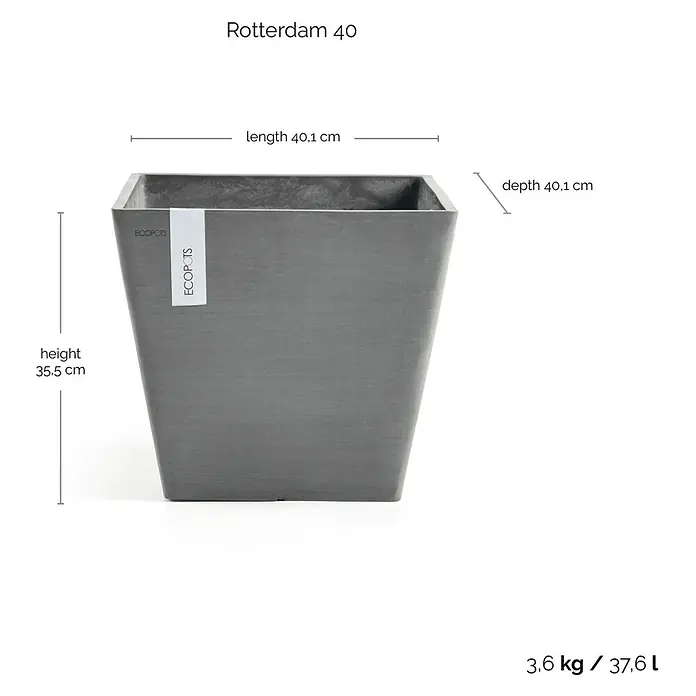 Ecopots Rotterdam Pflanzkasten - Außenmaß (L x B x H): 40,1 x 40,1 x 35,5 cm, Kunststoff, Grau - Bild eines grauen, quadratischen Ecopots Rotterdam 40 Blumentopfs mit den Maßen Länge 40,1 cm, Tiefe 40,1 cm und Höhe 35,5 cm, Gewicht 3,6 kg / 37,6 l.