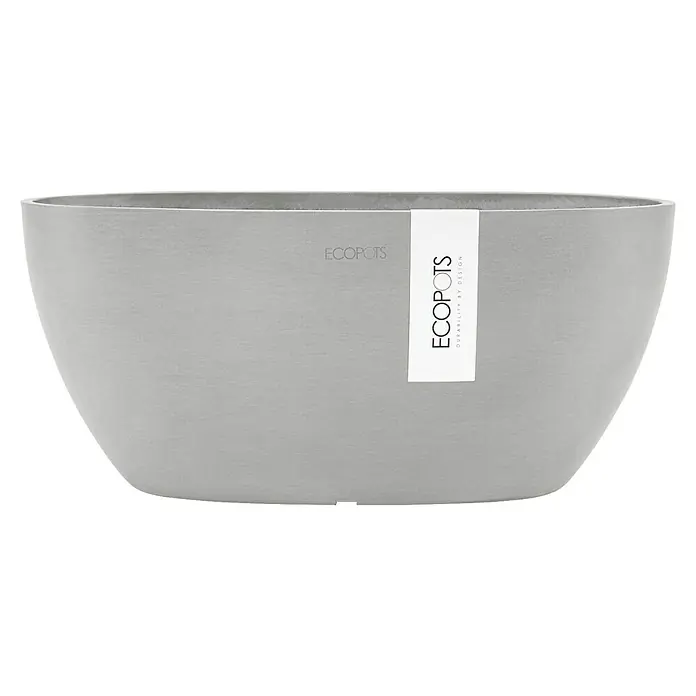 Ecopots Sofia Pflanzschale rund Oval - Weißgrau - Ein grauer Ecopots Blumenkübel mit einem weißen Etikett, das die Marke zeigt, bietet eine stilvolle und langlebige Lösung für Pflanzen.
