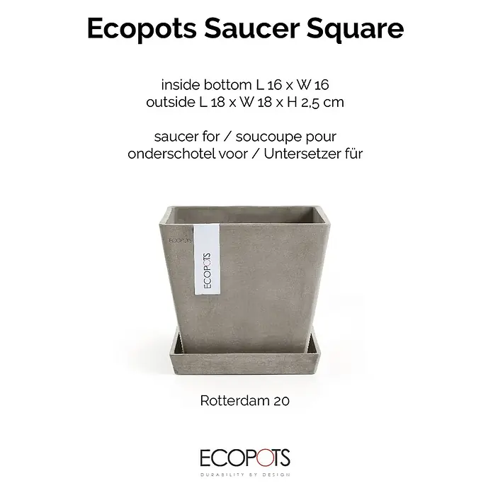 Ecopots Rotterdam Kasten-Untersetzer - 16,5 x 16 x 2,5 cm, Kunststoff, Braungrau - Produktbild: Der eckige Ecopots Untersetzer "Saucer Square" in stilvollem Design.