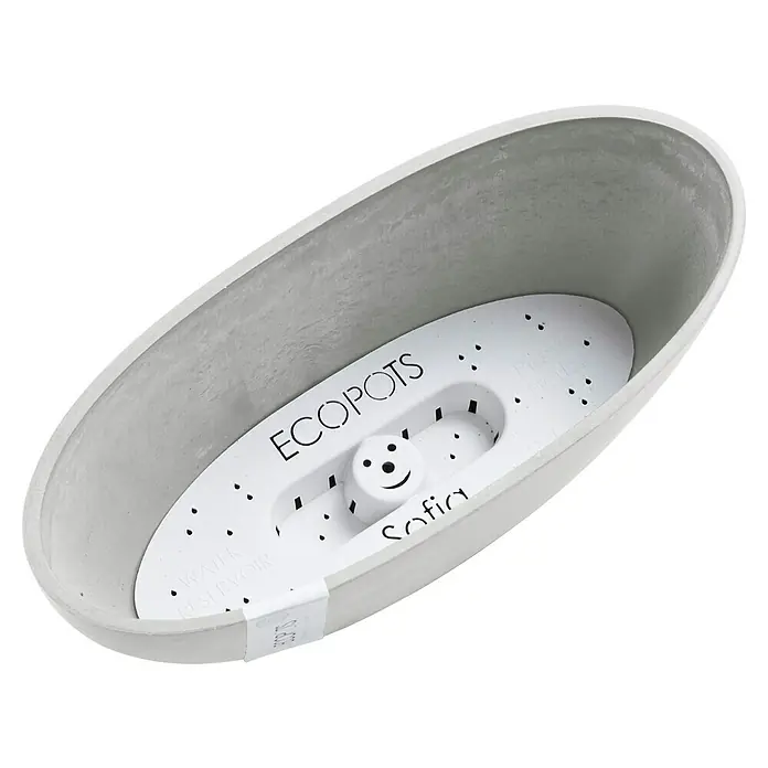 Ecopots Sofia Pflanzschale rund Oval - Weißgrau - Nahaufnahme eines ovalen ECOPOTS Sofia Pflanzgefäßes mit integriertem Wasserreservoir und freundlichem Smiley-Detail.