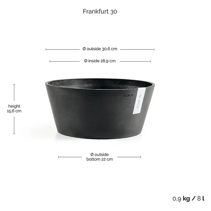 Ecopots Pflanzschale rund Frankfurt - Außenmaß (Ø x H): 30,6 x 15,6 cm, Kunststoff, Dunkelgrau - Abbildung eines anthrazitfarbenen Frankfurt 30 Topfes von Ecopots mit Größenangaben.